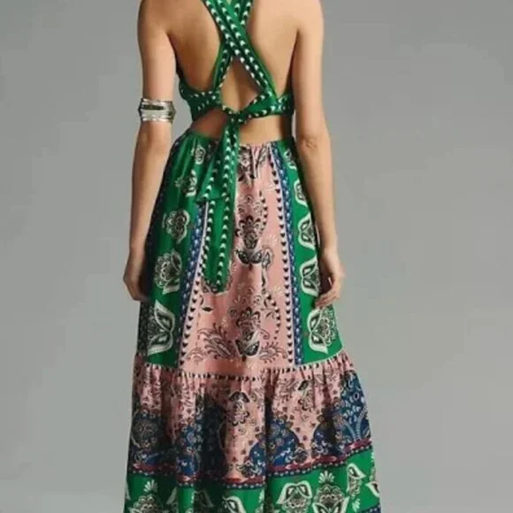 Anthropologie x Farm Rio Cutout Halter Maxi Dress Printed Pink Combo Small New - Picture 6 of 8